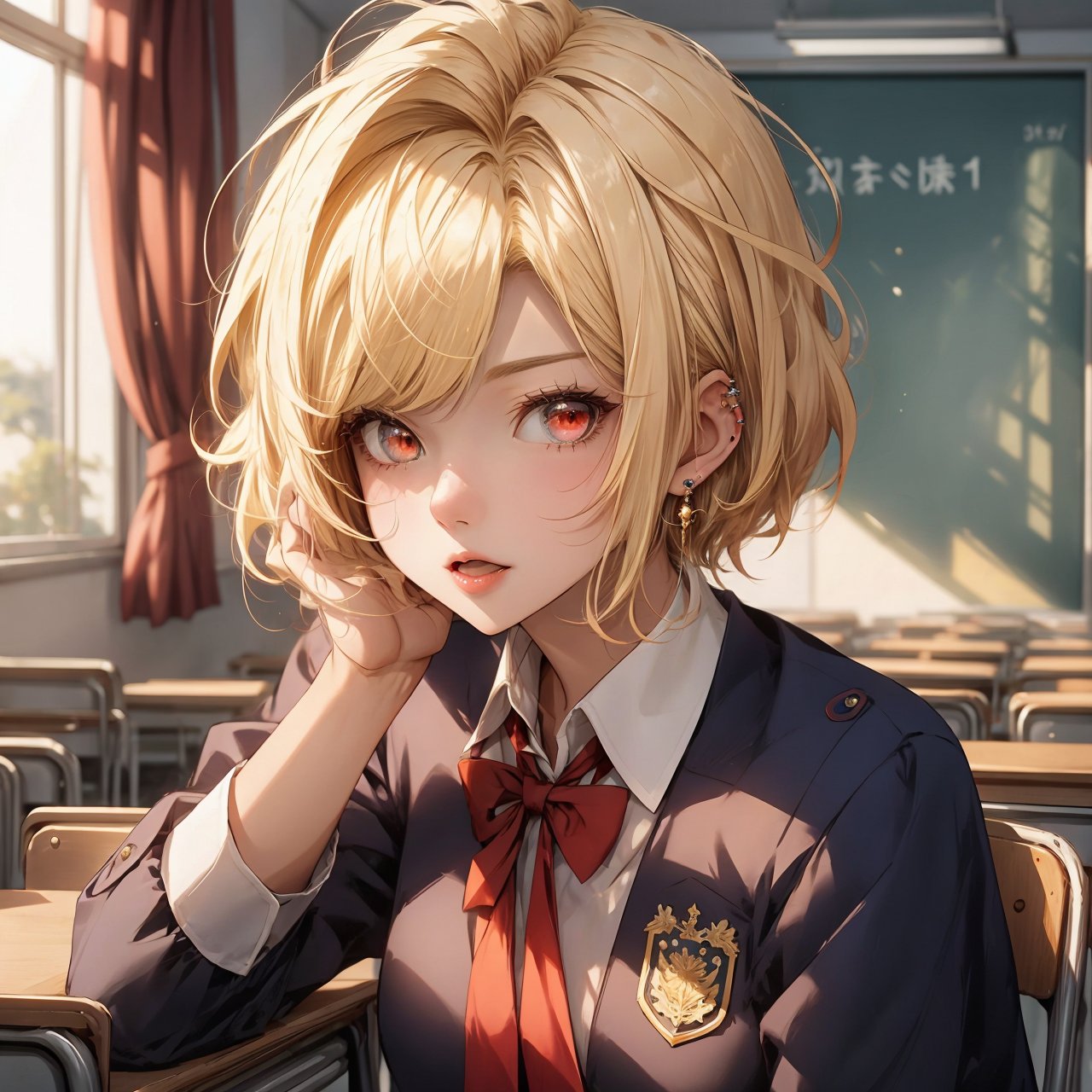 girl ,blonde  short hair,peircings,red eyes ,hot , in school uniform, royal blue and gold, female,19 age, scool classroom


