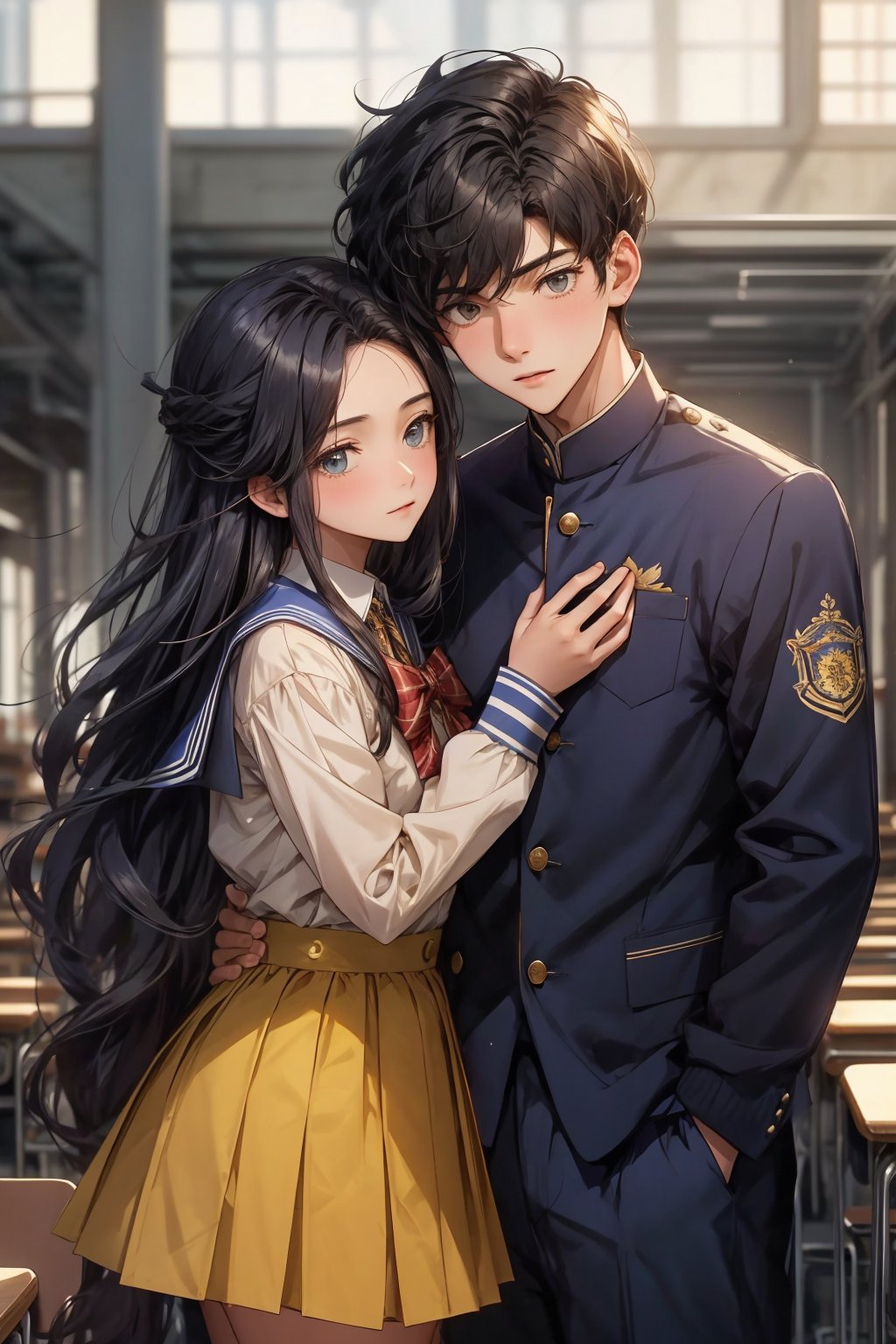 boy and a girl, 2_ characters, school romance, south asian, standing next opposite sides yet looking away from each other, pov_let me love you , both in  two different school uniforms, royal blue and gold, looking_at_viewer