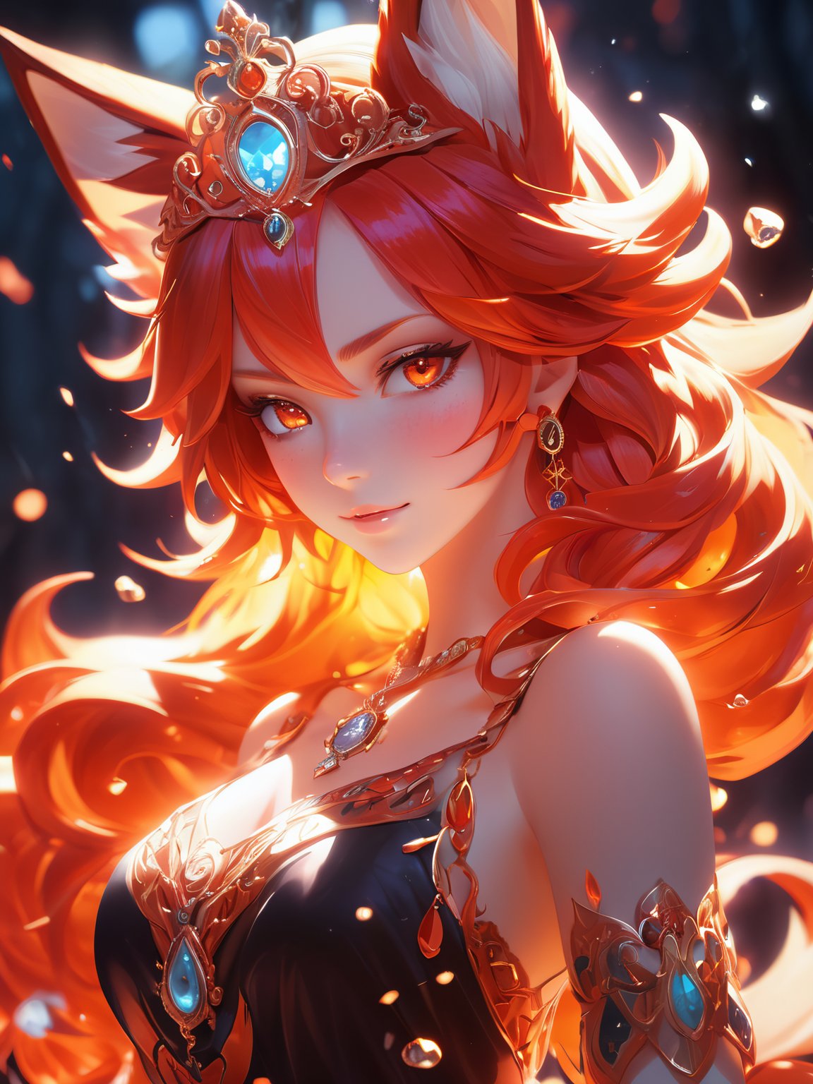 (cute flame foxy, flaming veins, flaming crown), red and orange tones, (masterpiece, best quality, ultra-detailed, best shadow), (detailed background, fantasy), princess cloth, (beautiful detailed face), high contrast, (best illumination, an extremely delicate and beautiful), ((cinematic light)), colorful, hyper detail, dramatic light, intricate details, (1girl, 20 year old, solo, red hair, sharp face, amber eyes, hair between eyes,dynamic angle), blood splatter, swirling black light around the character, depth of field, light particles,(broken glass),magic circle, (full body), Spirit Fox Pendant