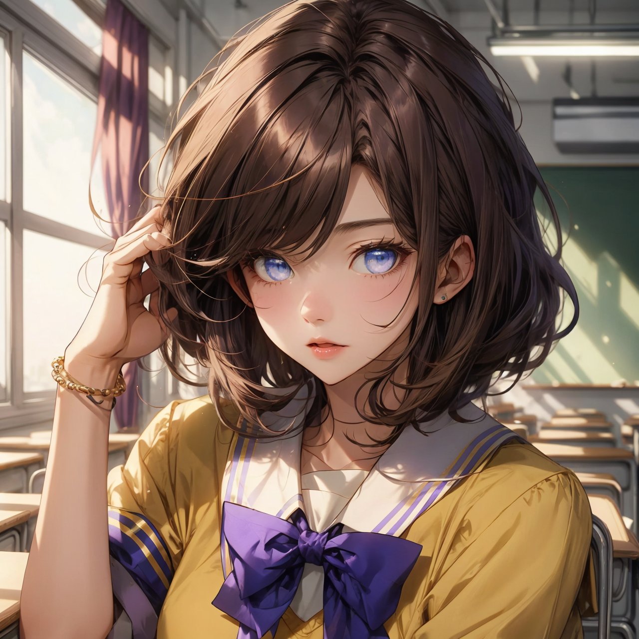 girl ,brown wolfcut hair,purple blue eyes ,hot , in school uniform royal blue and gold, female,19 age, scool classroom, annoying