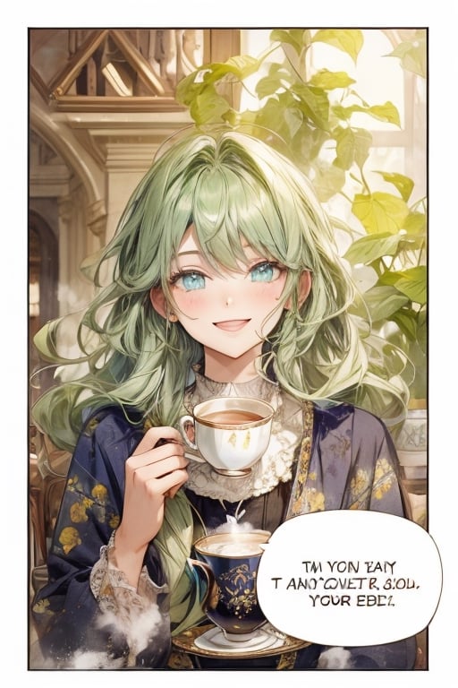 girl withgreen hair and blue eyes, smile, happy, drinking tea