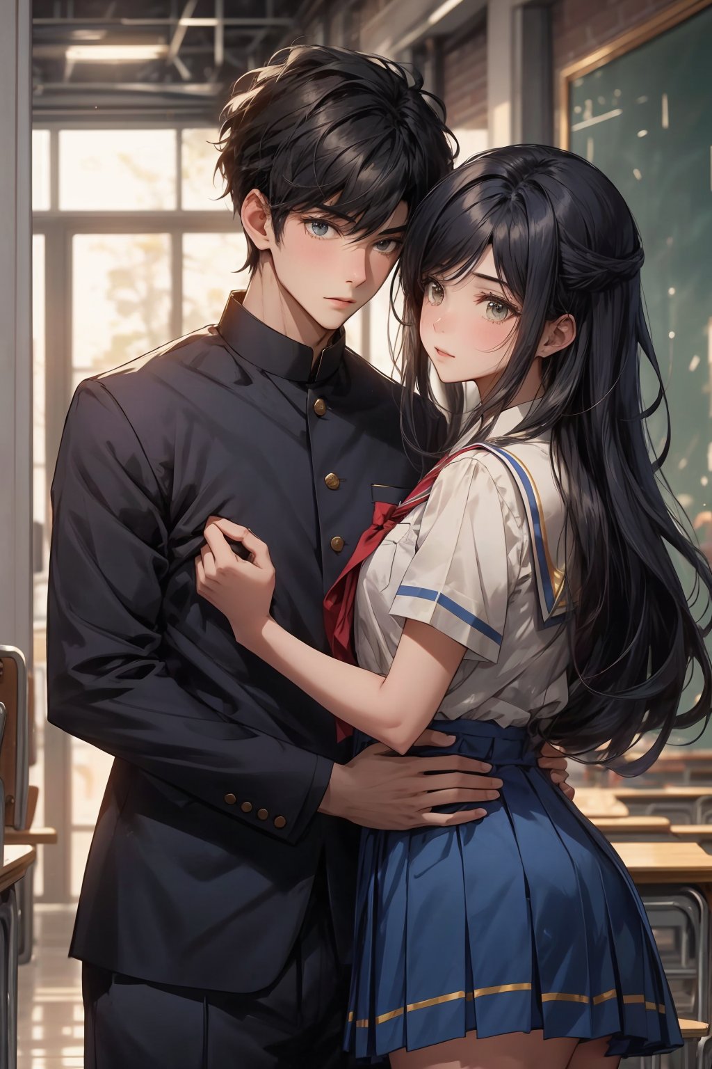 boy and a girl, 2_ characters, school romance, south asian, standing next to each other yet looking away from each other, pov_wish you were mine , both in school uniforms, royal blue and gold, looking_at_viewer