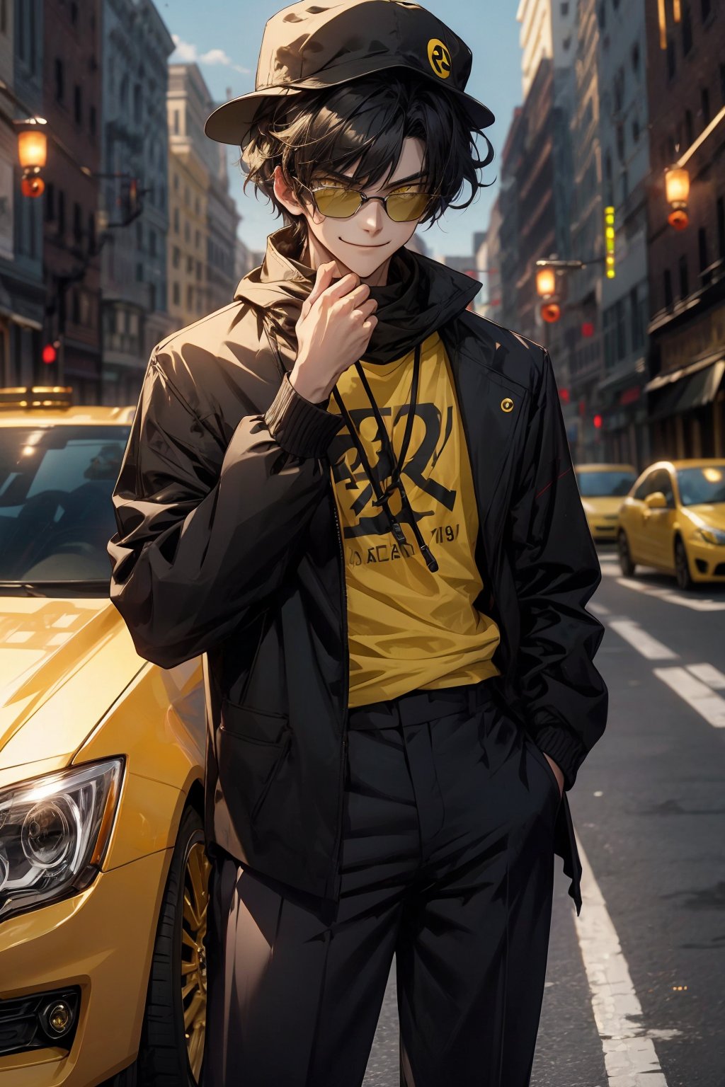 cute boy,19 years old,busy background,black and yellow mixed hair,small thin calm beautiful eyes , messed short hair, dark yellow eyes,yellow tshirt,black blazer (module) ,balck sunglass,smirk on mouth,narrow eyes,standing near his yellow car, wearing black cap, modern cap, with a white mask,waiting for his girl, giving her his hand