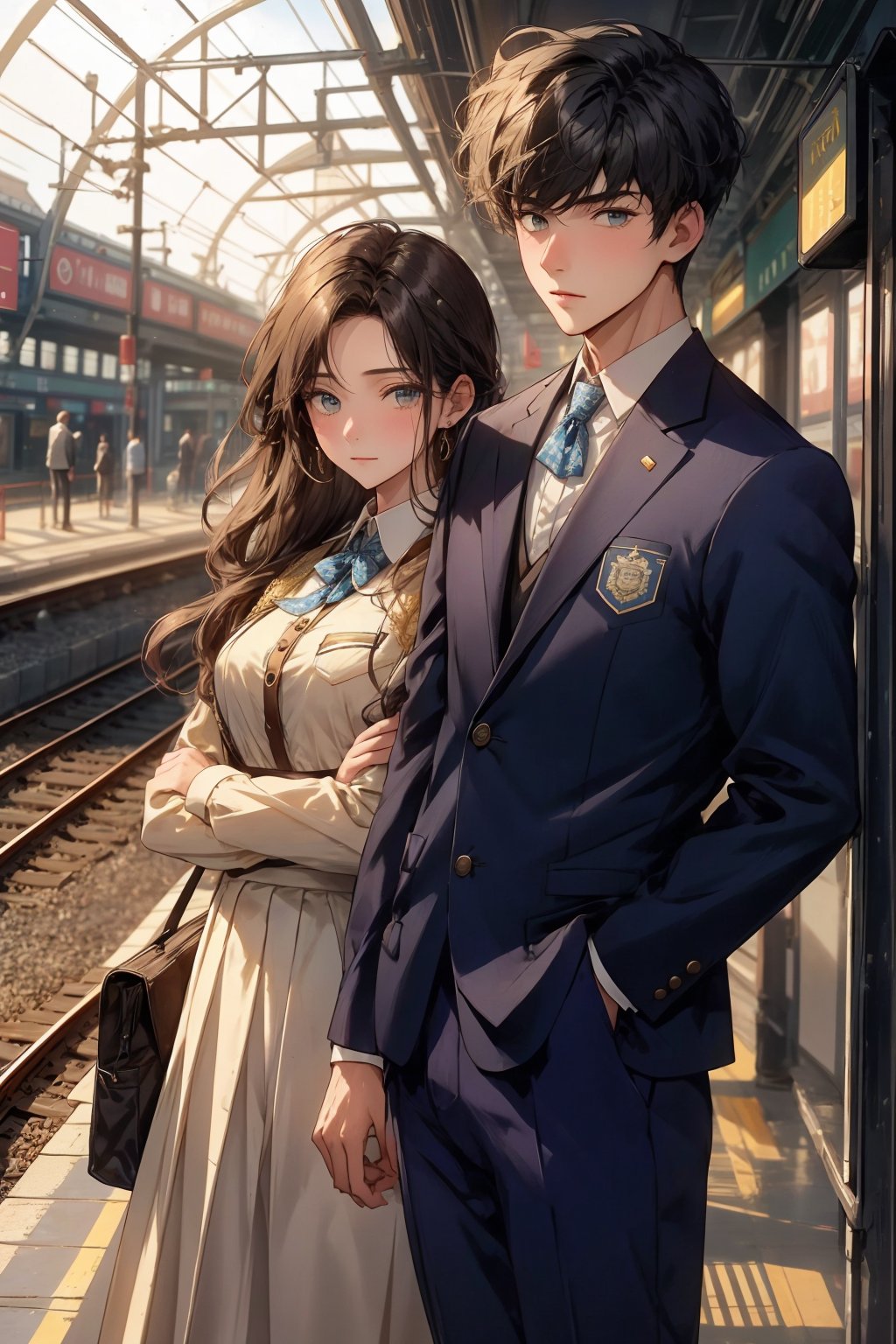 boy and a girl, 2_ characters, school romance, south asian, standing next to each other yet looking away from each other, pov_wish you were mine , both in school uniforms,white blue and gold, looking_at_viewer, railway station, book name_Be Mine