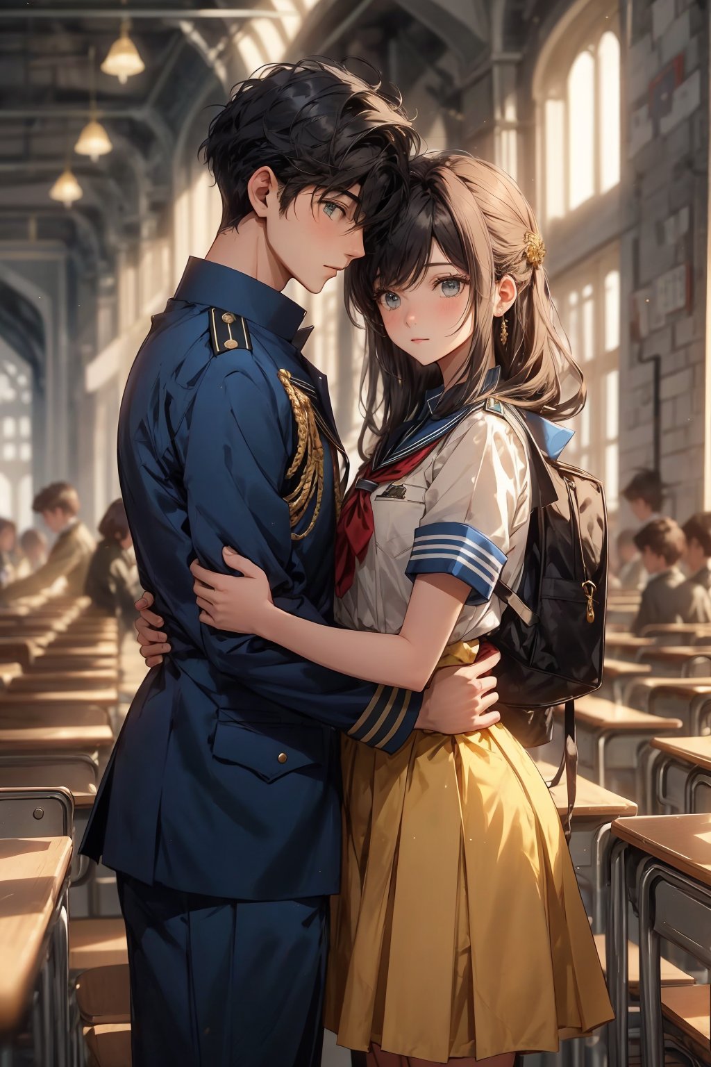 boy and a girl, 2_ characters, school romance, south asian, standing next to each other yet looking away from each other, pov_wish you were mine , both in uniforms, blue and gold, looking_at_viewer