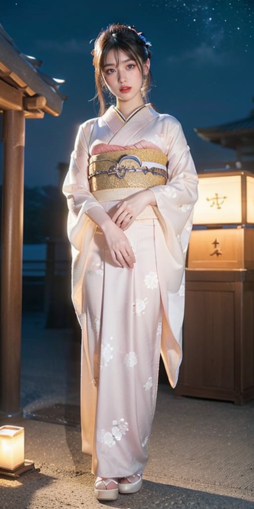 (furisode), alluring smile, soft light, light on face, clam posture, cinematic lighting,
(solo, 1woman, adorable, cute , clear face), (full body:1.35), dynamic angle, detailed shadow, detailed lightning, (wide view, wide-angle lens),
(beautiful detailed woman, glossy pink lips, (milky skin, shiny skin:1.2), makeup, blush,eyeliner, eyeshadow, eyelashes, textured skin)
(extremely detailed, CG, 8k Amazing, finely detail, (masterpiece, best quality), (intricate details, depth of field)),
outdoors, detailed shrine, night,  detailed temple, scenery , starry star, sky,Bomi,hands