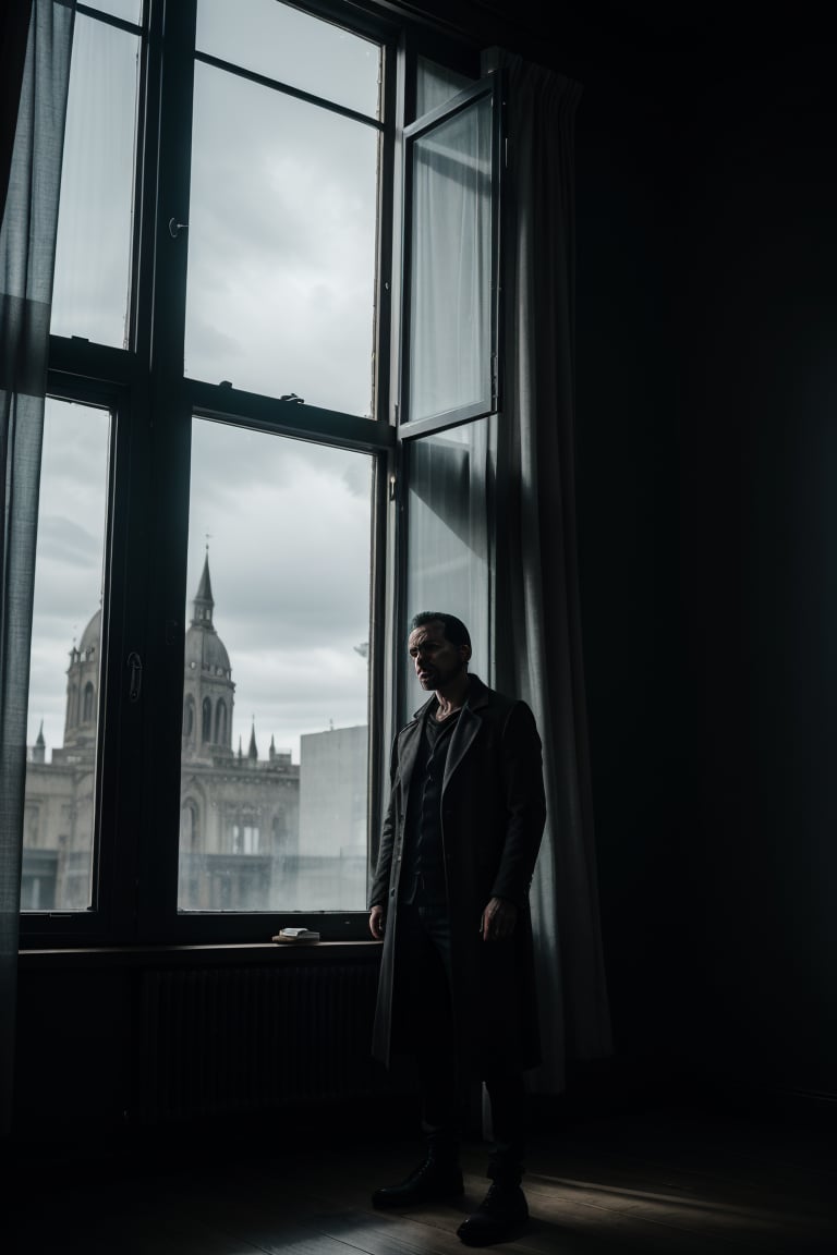 A man's silhouette stands alone in a dimly lit corner, surrounded by an eerie blackness that seems to seep into his very pores. The air is heavy with malice as darkness creeps over him like a shroud, casting long shadows across the floor. Photorealistic details reveal every contour of his tense face, etched with a sense of hatred and loathing. Dark windows yawn open like empty eyes, seeming to draw in the toxic emotions that swirl around him, creating an atmosphere of oppressive dread.,Masterpiece