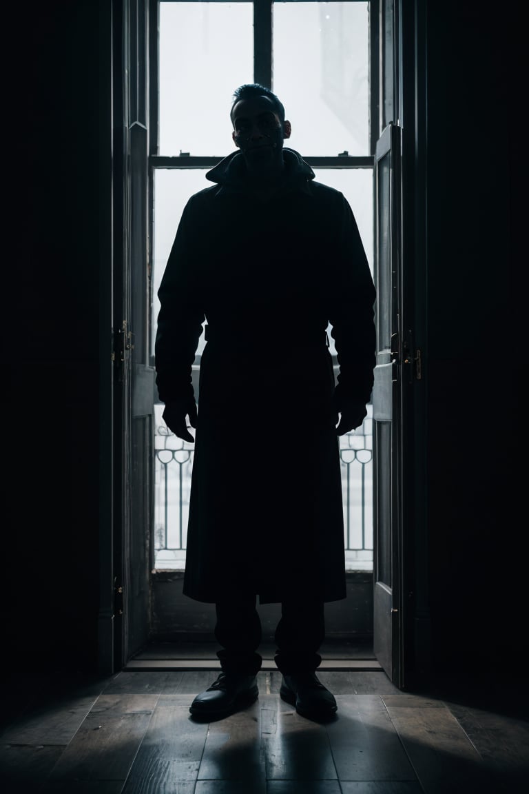 A man's silhouette stands alone in a dimly lit corner, surrounded by an eerie blackness that seems to seep into his very pores. The air is heavy with malice as darkness creeps over him like a shroud, casting long shadows across the floor. Photorealistic details reveal every contour of his tense face, etched with a sense of hatred and loathing. Dark windows yawn open like empty eyes, seeming to draw in the toxic emotions that swirl around him, creating an atmosphere of oppressive dread.,Masterpiece