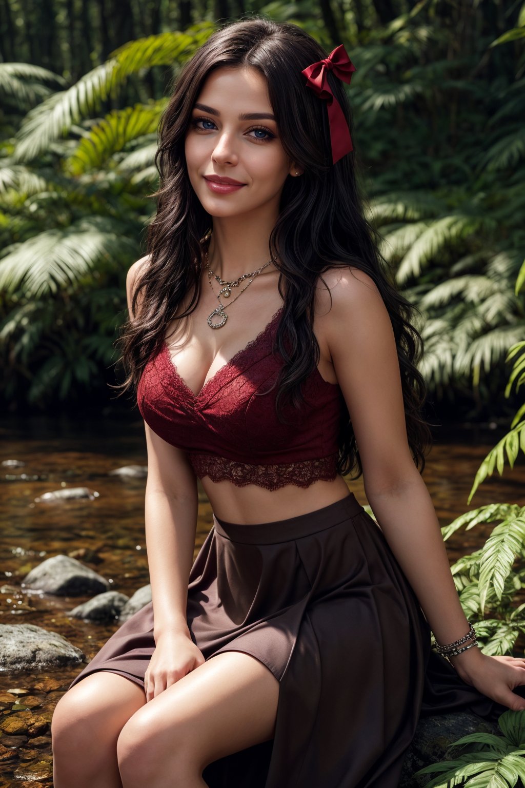 (full_body_shot),solo, 1girl with very long black hair sitting in a forest of rivers and green plants and flowers, (brown_eyes:1.2), (red_two_piece_dress),(long skirt), hair bow, jewelry necklace, wrist bands, elegant_lace_braclet, warm lighting, cleavage, Loving, blurry foreground, award winning, 16k, 8k, perfect, photorealistic, (full image), (full body)+++, perfecteyes, detailed_background, detailed skin, detailed face, extremely_detailed_eyes, detailed_hands, gorgeous_hands, perfect_hands, realistic knees, beautiful knees, detailed_pupils, 