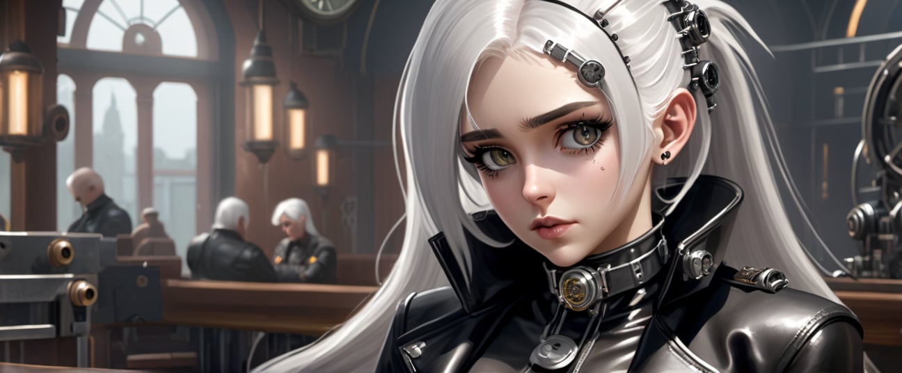 a girl ((white hair)) ((big_black_eyes)), ((black leather outfit)),spike halo on head, high resolution, realism, HZ Steampunk,cyborg style