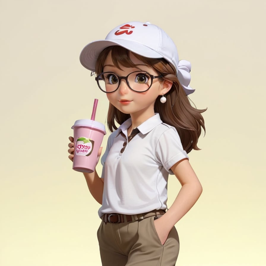 1girl, long hair, looking at viewer, simple background, brown hair, shirt, hat, holding, brown eyes, jewelry, closed mouth, standing, full body, white shirt, short sleeves, earrings, shoes, glasses, shorts, bag, cup, white headwear, sunglasses, white footwear, sneakers, child, holding cup, baseball cap, drinking straw, shoulder bag, female child, adjusting eyewear,  brown pants, bubble tea, coffee cup,DonM3lv3nM4g1cXL,Inui_Sajuna,3D