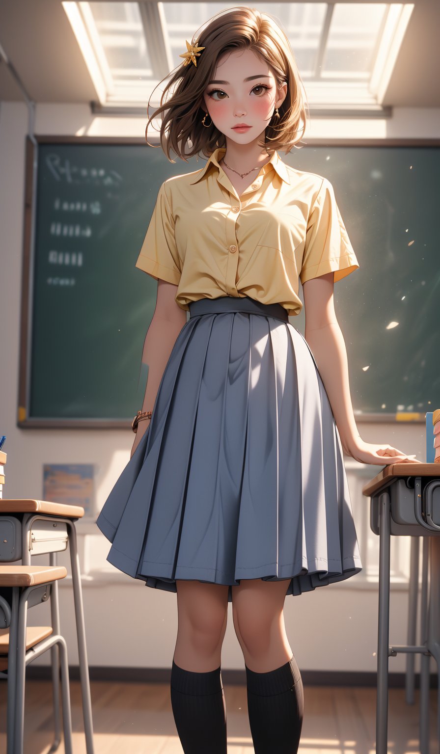  (((solo))),(((1 girl))), beautiful, realistic, extremely detailed skin, masterpiece, best quality, extremely detailed face, vibrant colors, depth of field, cinematic lighting,, 1girl, solo, brown eyes, brown hair, hair ornament,short hair,blush, light yellow unbuttoned shirt ,Masterpiece Top Quality High Resolution, Sititting, beauty legs ,in a school, As if looking up from below, a young woman wearing a light yellow short-sleeve school uniform with blue text, deep gray knee length skirt, (((long skirt))), pleated skirt, white knee-high socks, black loafers, standing in front of the blackboard,  in classroom, soft and serene atmosphere