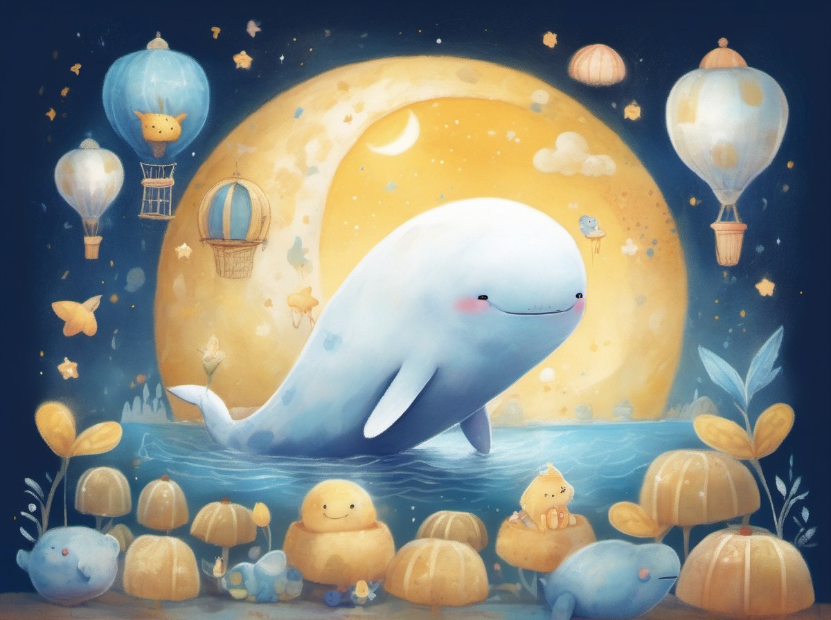 A cute illustration of a cute white whale sitting on the moon, and there are two white rabbits next to the little whale carrying baskets full of gold stars, surrounded yellow fireworks, blue background covered with golden flowers, children's picture book style, cartoonish characters, colourful lights, happy atmosphere, soft tones, delicate details, and childlike illustrations.