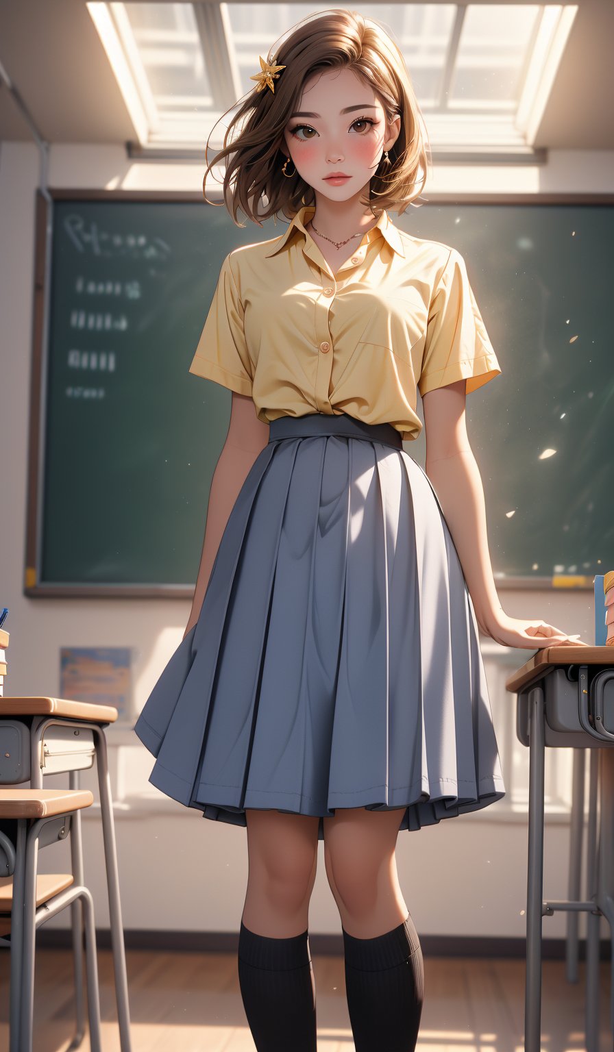  (((solo))),(((1 girl))), beautiful, realistic, extremely detailed skin, masterpiece, best quality, extremely detailed face, vibrant colors, depth of field, cinematic lighting,, 1girl, solo, brown eyes, brown hair, hair ornament,short hair,blush, light yellow unbuttoned shirt ,Masterpiece Top Quality High Resolution, Sititting, beauty legs ,in a school, As if looking up from below, a young woman wearing a light yellow short-sleeve school uniform with blue text, deep gray knee length skirt, (((long skirt))), pleated skirt, white knee-high socks, black loafers, standing in front of the blackboard,  in classroom, soft and serene atmosphere