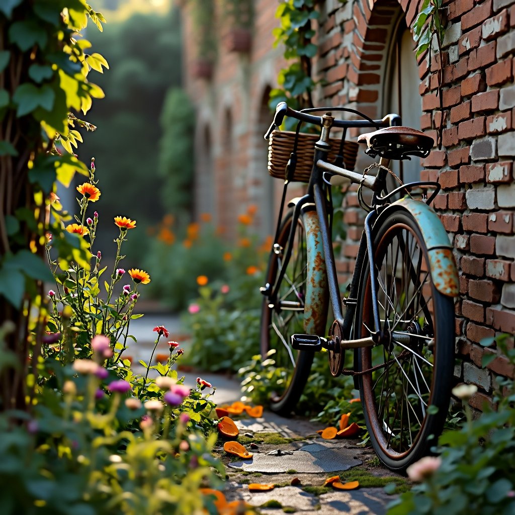 Close-up framing of an antique bicycle leaning against a centuries-old brick wall, vines crawling over the ancient stones, and vibrant flowers blooming amidst the weeds. The bike's rusty tires and faded paint reflect the patina of age. Soft morning light casts a warm glow on the scene, with misty droplets glistening on the damp earth after a recent rain.