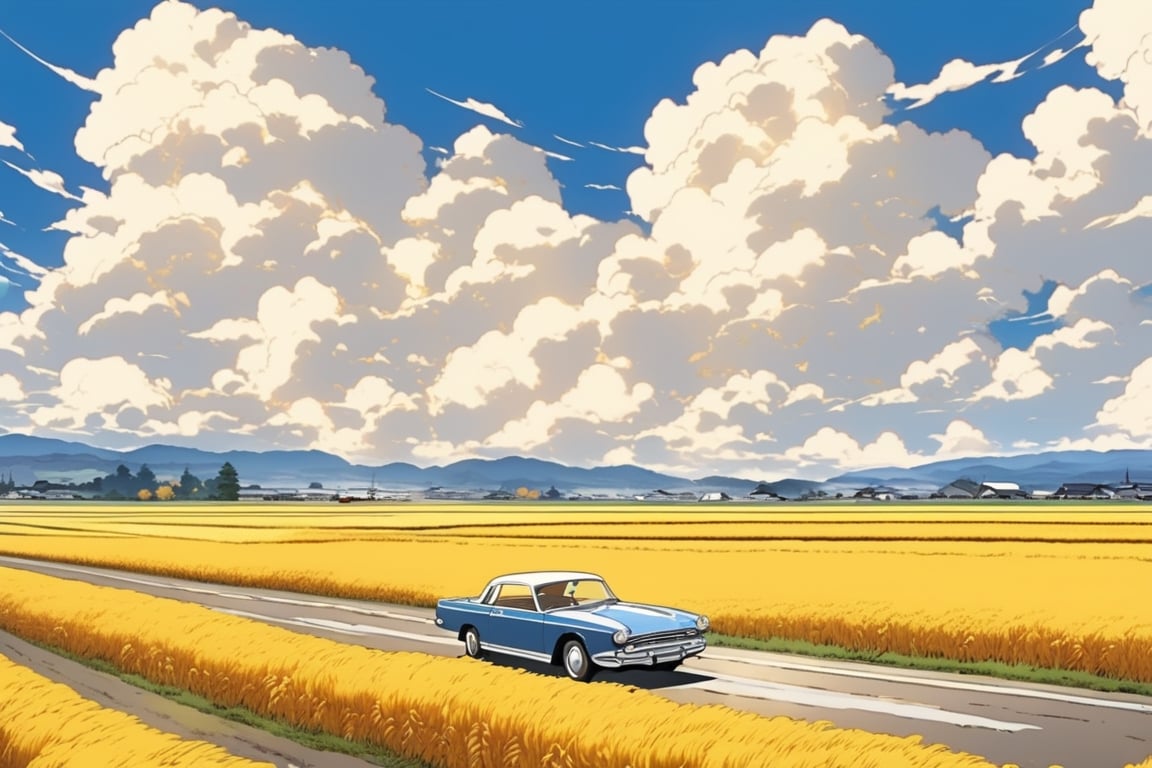 Autumn, golden land, golden rice fields, Japanese anime style, blue sky and white clouds, extremely broad field of vision, jet wake, thick clouds, old classic cars passing through the asphalt road in the fields, Showa era style