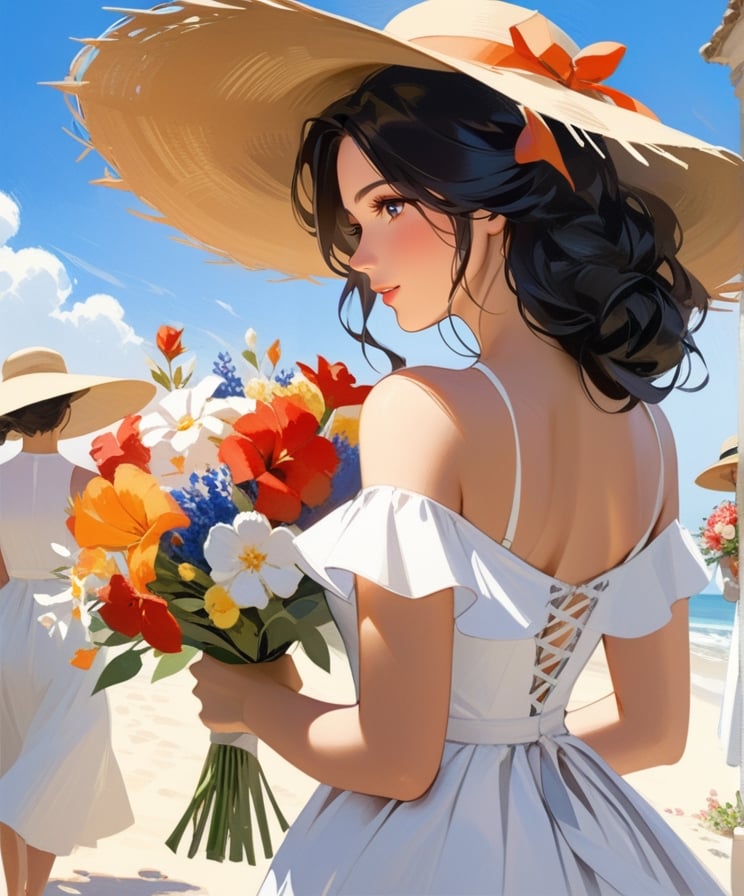 1girl, long hair, black hair, hat, dress, holding, bare shoulders, flower, outdoors, solo focus, from behind, white dress, sun hat, bouquet,oil paint ,art by sargent