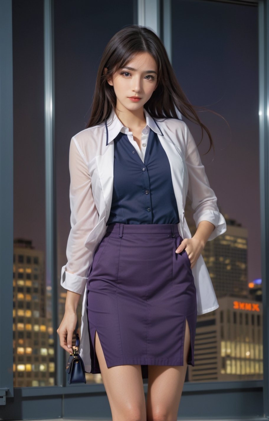 1 businesswoman with long dark blue flowing hair, an intricate hairstyle, delicate facial features and an elegant expression, wearing a white collared dress shirt with rolled-up sleeves, a purple vest or camisole, a knee-length navy blue skirt with a side slit, and holding a black handbag, standing confidently against a vibrant cityscape at night with glowing office windows and high-rise buildings in the background, dramatic lighting and shadows, vivid orange, purple and blue color tones,xxmixgirl,xxmix_girl,1 girl ,FilmGirl,LinkGirl