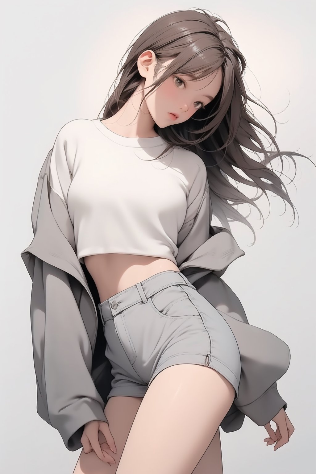 Fine art photography of a Japanese young woman wears dark gray cotton ribbing top walking by, intricate skin texture, messy brown hair pinned up, gorgeous body, perfect legs, front view, alternative angle, solid white background, minimalist, simple, multiple soft lightings, photorealistic 