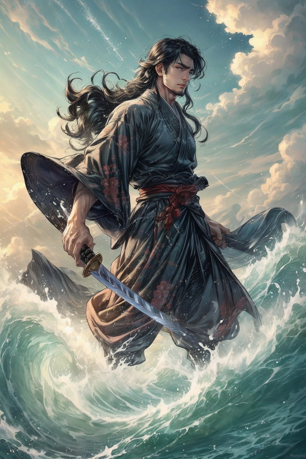 1man, 23 year old Taiwanese handsome man, solo, cool, long hair, black hair, long sleeves,  holding, weapon, outdoors, japanese sheer clothes, sky, day, sword, cloud, wide sleeves, kimono, water, holding weapon, sash, profile, floating hair, watermark, holding sword, obi, floral print, katana, wind, mountain, fighting stance, realistic, waves, looking at the viewer, Tyndall effect, divine light,realhands