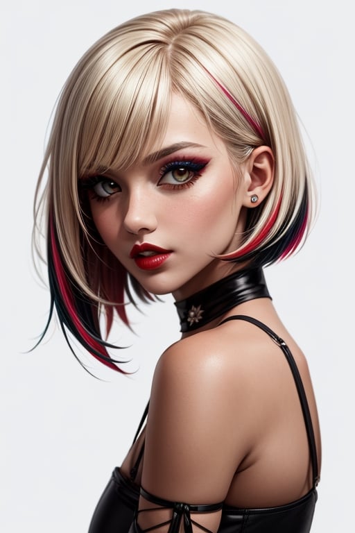 1girl, solo, upper body, looking at viewer, white background, bob cut, short hair, multicolored hair, makeup, parted lips, red lips, eyeliner,