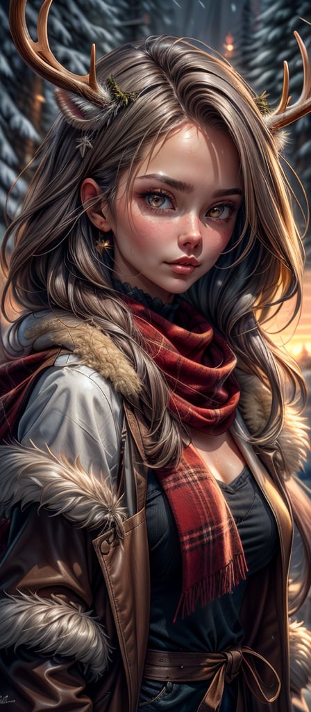 Winterscape, cinematic results, professional results, ultradetailed, amber glow, sunset,  golden hour, snowscape scenery, beautiful woman near a deer, christmas vibes, hyperdetailed,  8k UHD,  red scarf blowing in the wind,  red plaid outfit , long flowy hair,  portrait,  close-up,  fur  