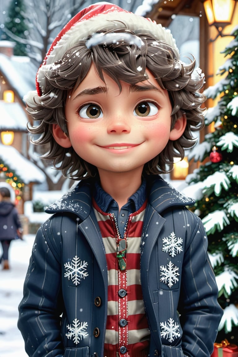 High quality, best quality, masterpiece, HD, detailed, high_res, 1boy, Slate hair, (Long Wavy Curtain Bangs:1.3), Slate eyes, (Softly smiling, expressing tenderness:1.5), Slate (striped jacket:1.5), (Arms Behind Back:1.3), snow, snowflakes, Christmas place, Christmas tree, (head shot:1.5), (chiaroscuro:1.5),chibi emote style,3D,detailmaster2,chibi,emote,Cartoon