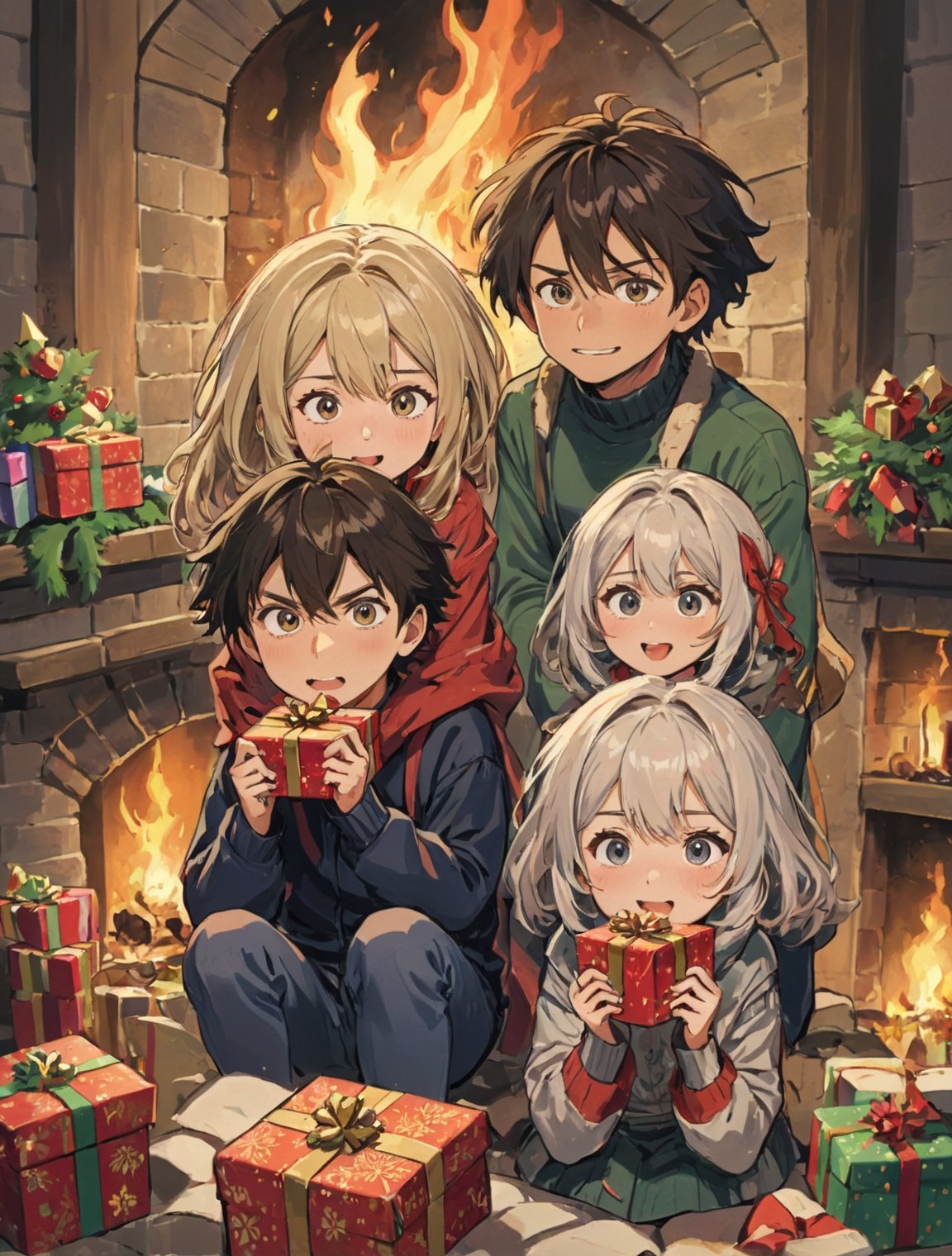 ((Anime)), 1 man and 1 woman anxiously waiting to open their presents in front of 1 fireplace, joyful expression, more detail XL, SFW,