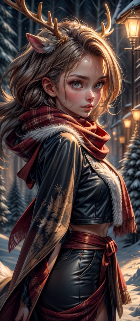 Winterscape, cinematic results, professional results, ultradetailed, amber glow, sunset,  golden hour, snowscape scenery, beautiful woman near a deer, christmas vibes, hyperdetailed,  8k UHD,  red scarf blowing in the wind,  red plaid outfit , long flowy hair,  portrait,  close-up,  fur  