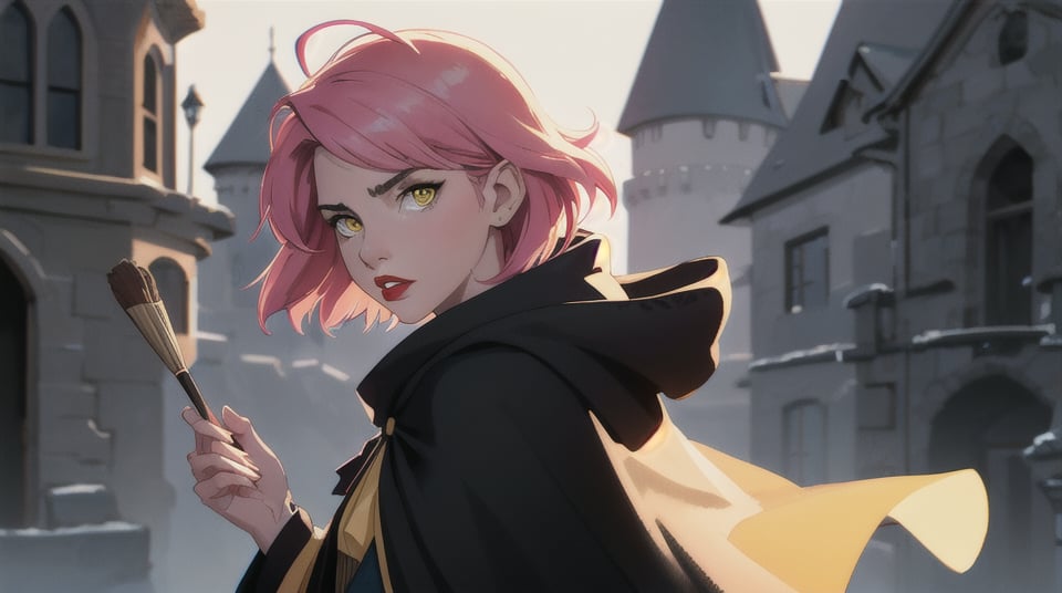 1girl, short pink hair,(hufflepuff House Cloak),( inner cloak yellow:1), (outer cloack black:1),yellow eyes, looking at viewer, solo, upper body,(masterpiece:1.4),(best quality:1.4),red lips,parted lips, hogwarts castle:1,dramatic shadows,extremely_beautiful_detailed_anime_face_and_eyes,an extremely delicate and beautiful,dynamic angle, cinematic camera, dynamic pose,depth of field,chromatic aberration,backlighting,Watercolor, Ink, epic, candystyle,