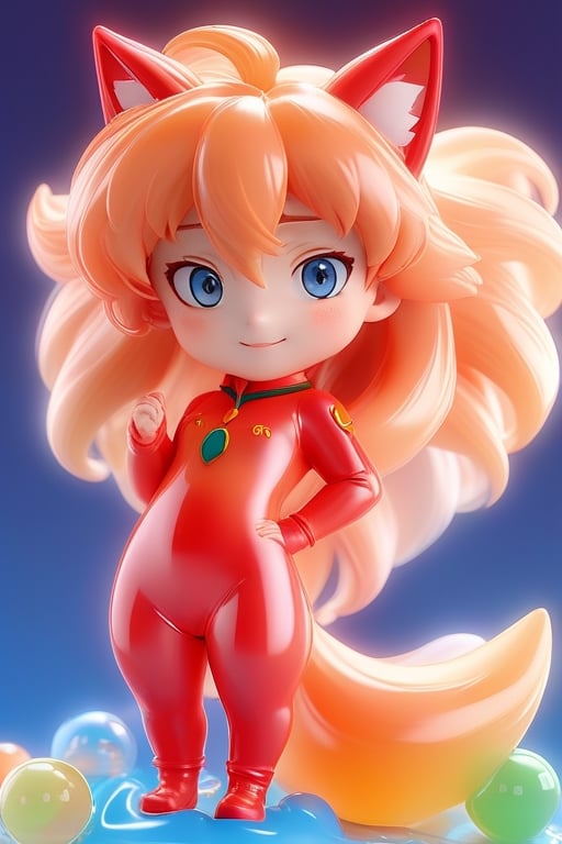 Detailed plastic material, best quality, (very detailed model), (best quality), octane rendering, ray tracing, translucent glossy material, very detailed, 3D toy, exaggerated giant hair, Asuka Langley from evangelion wearing red plugsuit, ((red latex fitted clothes)) (full body) (3D hair,  ((kids)), beautiful blue eyes, cute big eyes, cute face, pastel colors gradient, fluorescent translucent, colorful, plastic, children, transparent, product design , glowing jelly, delicate cute plastic, aesthetic light and shadow 3d, digital art, translucent plastic bubblegum, close-up, 3d, super detailed, generate front view, side view, rear view triple view, borderless, c4d, Octane rendering, Blender , HD, full body, smile, tshirt design, ,3d style,make_3d,Spirit Fox Pendant