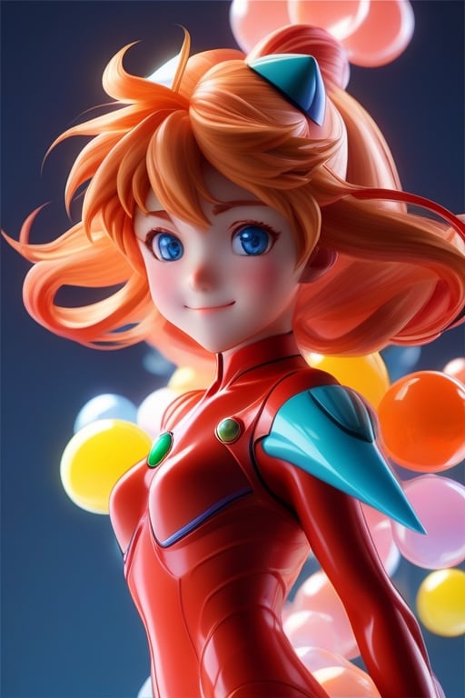 Detailed plastic material, best quality, (very detailed model), (best quality), octane rendering, ray tracing, translucent glossy material, very detailed, 3D toy, exaggerated giant hair, Asuka Langley from evangelion wearing red plugsuit, ((red latex fitted clothes)) (full body) (3D hair,  ((kids)), beautiful blue eyes, cute big eyes, cute face, pastel colors gradient, fluorescent translucent, colorful, plastic, children, transparent, product design , glowing jelly, delicate cute plastic, aesthetic light and shadow 3d, digital art, translucent plastic bubblegum, close-up, 3d, super detailed, generate front view, side view, rear view triple view, borderless, c4d, Octane rendering, Blender , HD, full body, smile, tshirt design, 