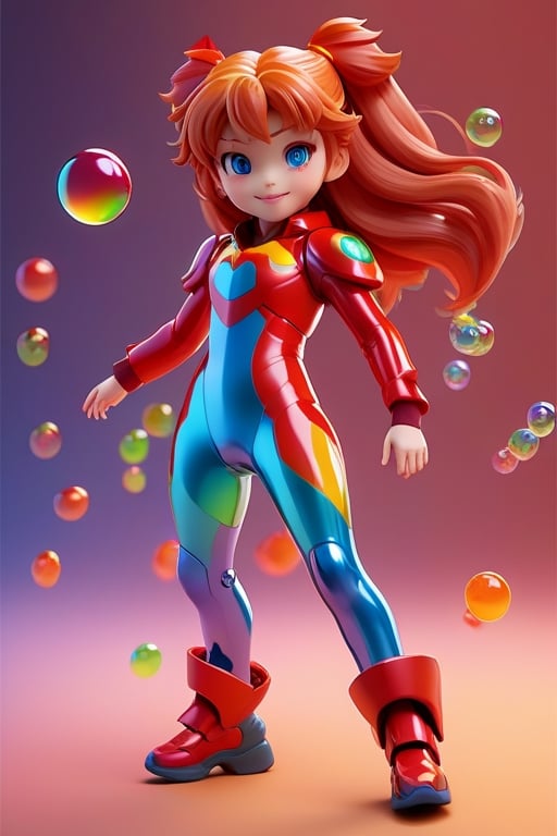 Detailed plastic material, best quality, (very detailed model), (best quality), octane rendering, ray tracing, very detailed, 3D toy, exaggerated giant hair, Asuka langley, wearing red plugsuit, red latex clothes (full body ) (3D hair,  ((kids)), beautiful blue eyes, cute big eyes, cute face, pastel colors gradient, fluorescent translucent, colorful, plastic, children, transparent, product design , glowing jelly, delicate cute plastic, aesthetic light and shadow 3d, digital art, translucent plastic bubblegum, close-up, 3d, super detailed, generate front view, side view, rear view triple view, borderless, c4d, Octane rendering, Blender , HD, full body, smile, tshirt design, 