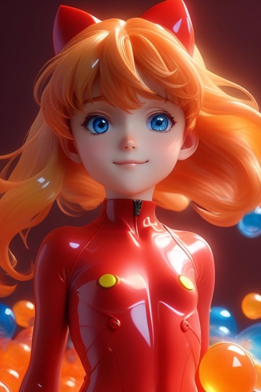 Detailed plastic material, best quality, (very detailed model), (best quality), octane rendering, ray tracing, translucent glossy material, very detailed, 3D toy, exaggerated giant hair, Asuka Langley from evangelion wearing red plugsuit, ((red latex fitted clothes)) (full body) (3D hair,  ((kids)), beautiful blue eyes, cute big eyes, cute face, pastel colors gradient, fluorescent translucent, colorful, plastic, children, transparent, product design , glowing jelly, delicate cute plastic, aesthetic light and shadow 3d, digital art, translucent plastic bubblegum, close-up, 3d, super detailed, generate front view, side view, rear view triple view, borderless, c4d, Octane rendering, Blender , HD, full body, smile, tshirt design, 