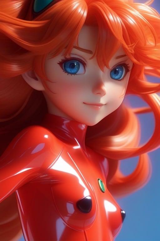 Detailed plastic material, best quality, (very detailed model), (best quality), octane rendering, ray tracing, translucent glossy material, very detailed, 3D toy, exaggerated giant hair, Asuka Langley from evangelion wearing red plugsuit, ((red latex fitted clothes)) (full body) (3D hair,  ((kids)), beautiful blue eyes, cute big eyes, cute face, pastel colors gradient, fluorescent translucent, colorful, plastic, children, transparent, product design , glowing jelly, delicate cute plastic, aesthetic light and shadow 3d, digital art, translucent plastic bubblegum, close-up, 3d, super detailed, generate front view, side view, rear view triple view, borderless, c4d, Octane rendering, Blender , HD, full body, smile, tshirt design, 