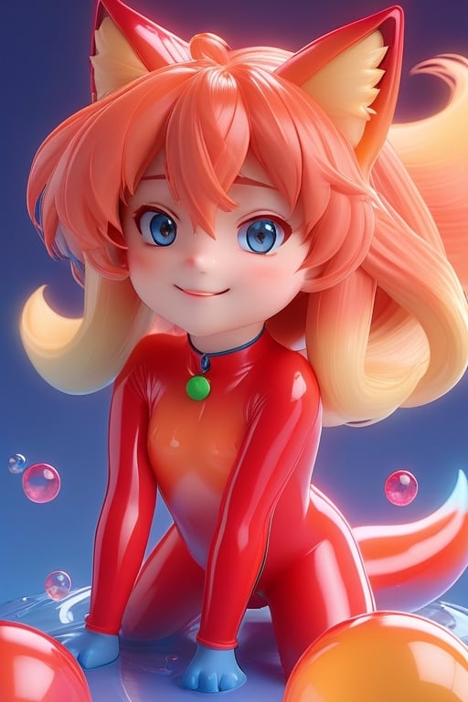 Detailed plastic material, best quality, (very detailed model), (best quality), octane rendering, ray tracing, translucent glossy material, very detailed, 3D toy, exaggerated giant hair, Asuka Langley from evangelion wearing red plugsuit, ((red latex fitted clothes)) (full body) (3D hair,  ((kids)), beautiful blue eyes, cute big eyes, cute face, pastel colors gradient, fluorescent translucent, colorful, plastic, children, transparent, product design , glowing jelly, delicate cute plastic, aesthetic light and shadow 3d, digital art, translucent plastic bubblegum, close-up, 3d, super detailed, generate front view, side view, rear view triple view, borderless, c4d, Octane rendering, Blender , HD, full body, smile, tshirt design, ,3d style,make_3d,Spirit Fox Pendant,photo r3al