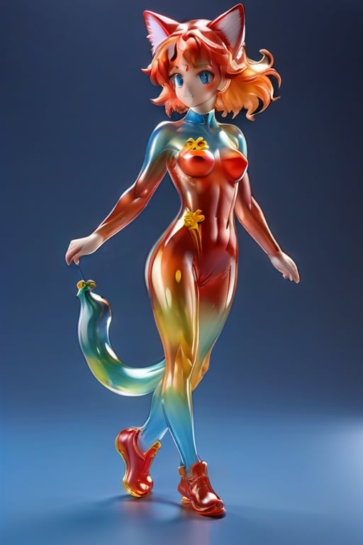 Detailed plastic material, best quality, (very detailed model), (best quality), octane rendering, ray tracing, translucent glossy material, very detailed, 3D toy, exaggerated giant hair, Asuka Langley from evangelion wearing red plugsuit, ((red latex fitted clothes)) (full body) (3D hair,  ((kids)), beautiful blue eyes, cute big eyes, cute face, pastel colors gradient, fluorescent translucent, colorful, plastic, children, transparent, product design , glowing jelly, delicate cute plastic, aesthetic light and shadow 3d, digital art, translucent plastic bubblegum, close-up, 3d, super detailed, generate front view, side view, rear view triple view, borderless, c4d, Octane rendering, Blender , HD, full body, smile, tshirt design, ,3d style,make_3d,Spirit Fox Pendant,photo r3al,Glass