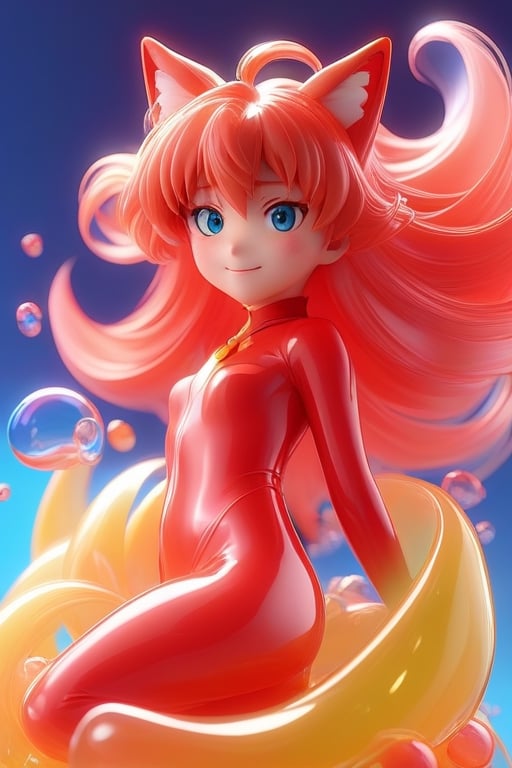 Detailed plastic material, best quality, (very detailed model), (best quality), octane rendering, ray tracing, translucent glossy material, very detailed, 3D toy, exaggerated giant hair, Asuka Langley from evangelion wearing red plugsuit, ((red latex fitted clothes)) (full body) (3D hair,  ((kids)), beautiful blue eyes, cute big eyes, cute face, pastel colors gradient, fluorescent translucent, colorful, plastic, children, transparent, product design , glowing jelly, delicate cute plastic, aesthetic light and shadow 3d, digital art, translucent plastic bubblegum, close-up, 3d, super detailed, generate front view, side view, rear view triple view, borderless, c4d, Octane rendering, Blender , HD, full body, smile, tshirt design, ,3d style,make_3d,Spirit Fox Pendant