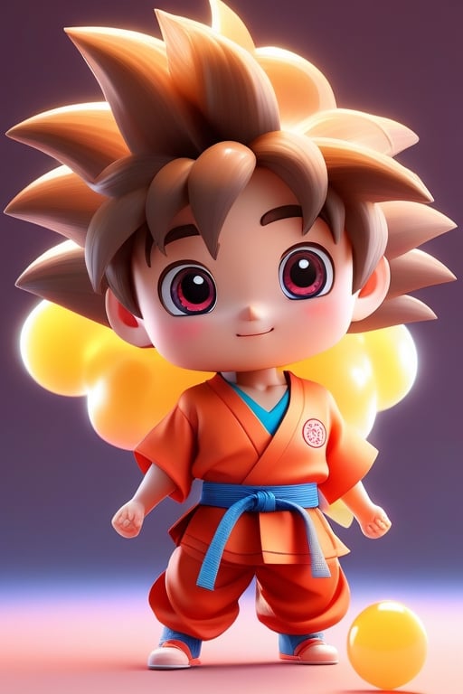 Detailed plastic material, best quality, (very detailed model), (best quality), octane rendering, ray tracing, very detailed, 3D toy, exaggerated giant hair, little goku(full body ) (3D hair,  ((kids)), beautiful eyes, cute big eyes, cute face, pastel colors gradient, red dojo clothes, cute red karate clothes, chib, fluorescent translucent, colorful, plastic, children, transparent, product design , glowing jelly, delicate cute plastic, aesthetic light and shadow 3d, digital art, translucent plastic bubblegum, close-up, 3d, super detailed, generate front view, side view, rear view triple view, borderless, c4d, Octane rendering, Blender , HD, full body, smile,tshirt design, flying on a little yellow cloud.