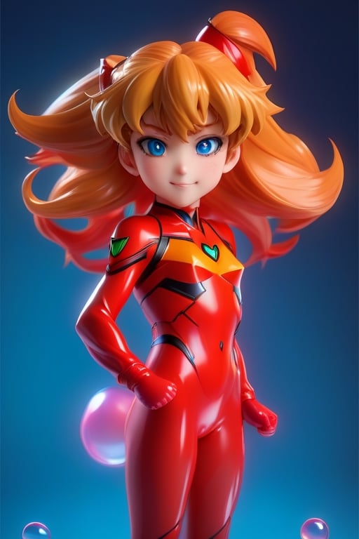 Detailed plastic material, best quality, (very detailed model), (best quality), octane rendering, ray tracing, translucent glossy material, very detailed, 3D toy, exaggerated giant hair, Asuka Langley from evangelion wearing red plugsuit, ((red latex fitted clothes)) (full body) (3D hair,  ((kids)), beautiful blue eyes, cute big eyes, cute face, pastel colors gradient, fluorescent translucent, colorful, plastic, children, transparent, product design , glowing jelly, delicate cute plastic, aesthetic light and shadow 3d, digital art, translucent plastic bubblegum, close-up, 3d, super detailed, generate front view, side view, rear view triple view, borderless, c4d, Octane rendering, Blender , HD, full body, smile, tshirt design, 