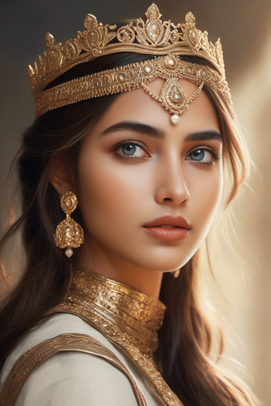 Wearing iindian crown,wearing indian Saree and metal armour kit,red lips, Slim body, Full body photo, photo realistic, masterpiece, best quality, raw photo, absurd res, UHD, long hair, golden hair, (Ultra realistic), (Illustration), (High resolution), (8K), (Very detailed), (Best illustration), (Beautiful blue eyes), (Best quality), (Ultra detailed), (Masterpiece), (Detailed face), beautiful  woman age 30, beautiful face, glow, soothing tones,  muted colors, high contrast, soft skin , floating long hair, big-wave, (pale skin), (hyperrealism, soft light, sharp), (brown eyes) , perfect eyes,background indian palace ,perfect eyes,solo woman,skin tone tan, ramayan Age 