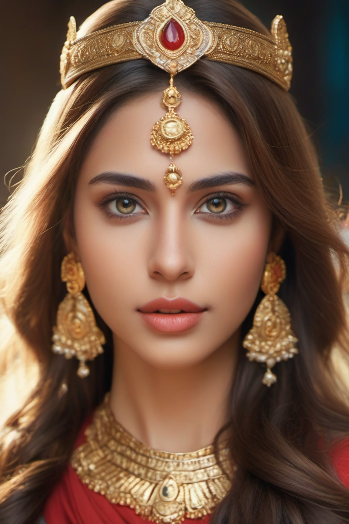 Wearing iindian crown, wearing indian Saree and metal armour kit, red lips, Slim body, Full body photo, photo realistic, masterpiece, best quality, raw photo, absurd res, UHD, long hair, golden hair, (Ultra realistic), (Illustration), (High resolution), (8K), (Very detailed), (Best illustration), (Beautiful blue eyes), (Best quality), (Ultra detailed), (Masterpiece), (Detailed face), beautiful  woman age 30, beautiful face, glow, soothing tones,  muted colors, high contrast, soft skin , floating long hair, big-wave, (pale skin), (hyperrealism, soft light, sharp), (brown eyes) , perfect eyes,background indian palace ,perfect eyes, solo woman, skin tone tan, ramayan Age 5000 BC