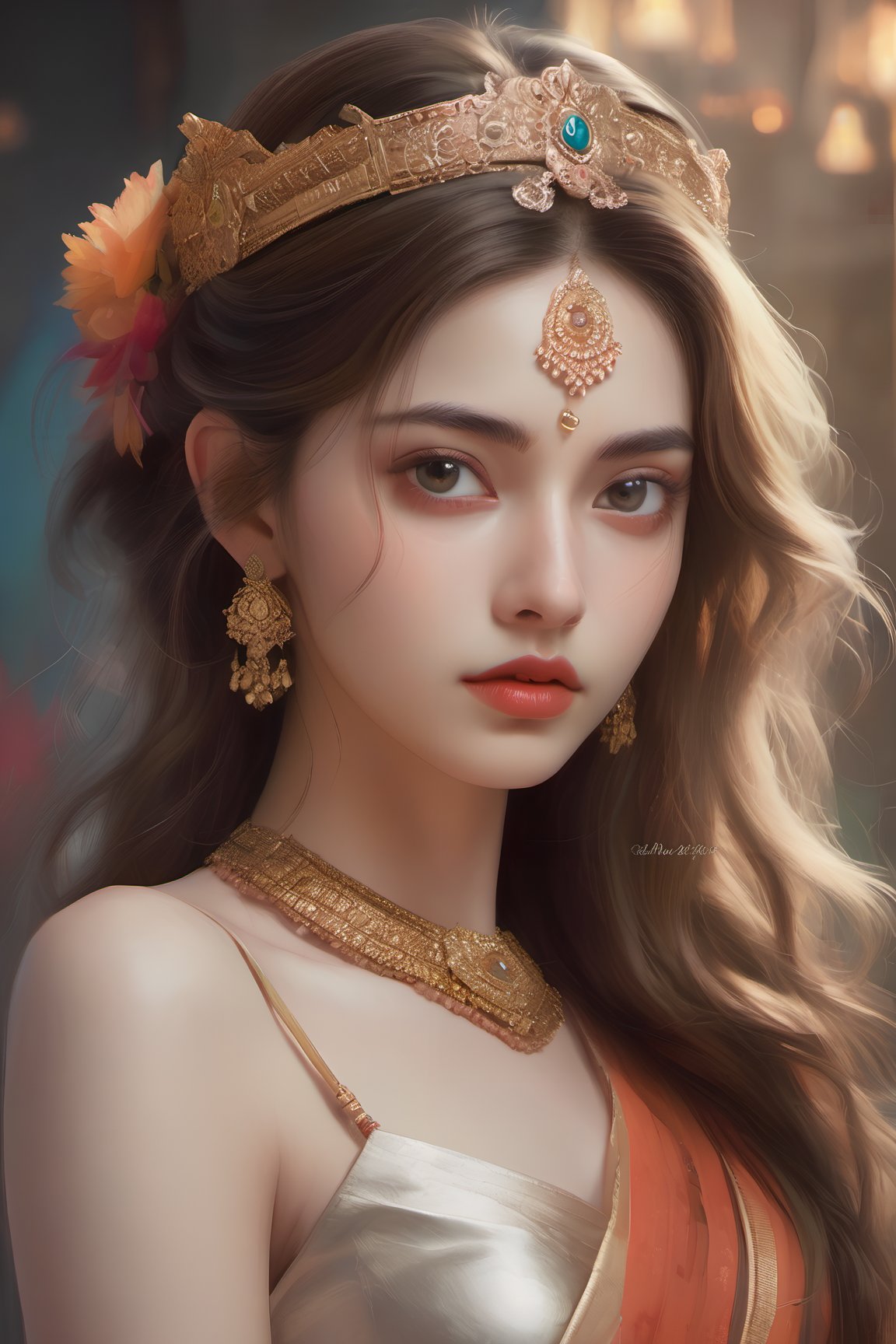 Wearing iindian crown,wearing indian Saree and metal armour kit,red lips, Slim body, Full body photo, photo realistic, masterpiece, best quality, raw photo, absurd res, UHD, long hair, golden hair, (Ultra realistic), (Illustration), (High resolution), (8K), (Very detailed), (Best illustration), (Beautiful blue eyes), (Best quality), (Ultra detailed), (Masterpiece), (Detailed face), beautiful  woman age 30, beautiful face, glow, soothing tones,  muted colors, high contrast, soft skin , floating long hair, big-wave, (pale skin), (hyperrealism, soft light, sharp), (brown eyes) , perfect eyes,background indian palace ,perfect eyes,solo woman,skin tone tan, ramayan Age 