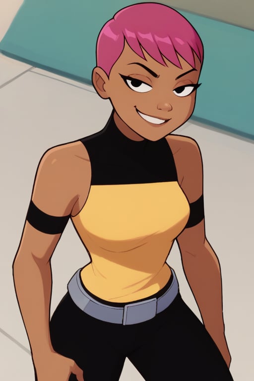 score_9, score_8_up, score_7_up, BREAK, 1girl, maxBB, dark-skinned female, pink hair, short hair, black eyes, yellow sleeveless top, black armband, belt, black pants, smug, 