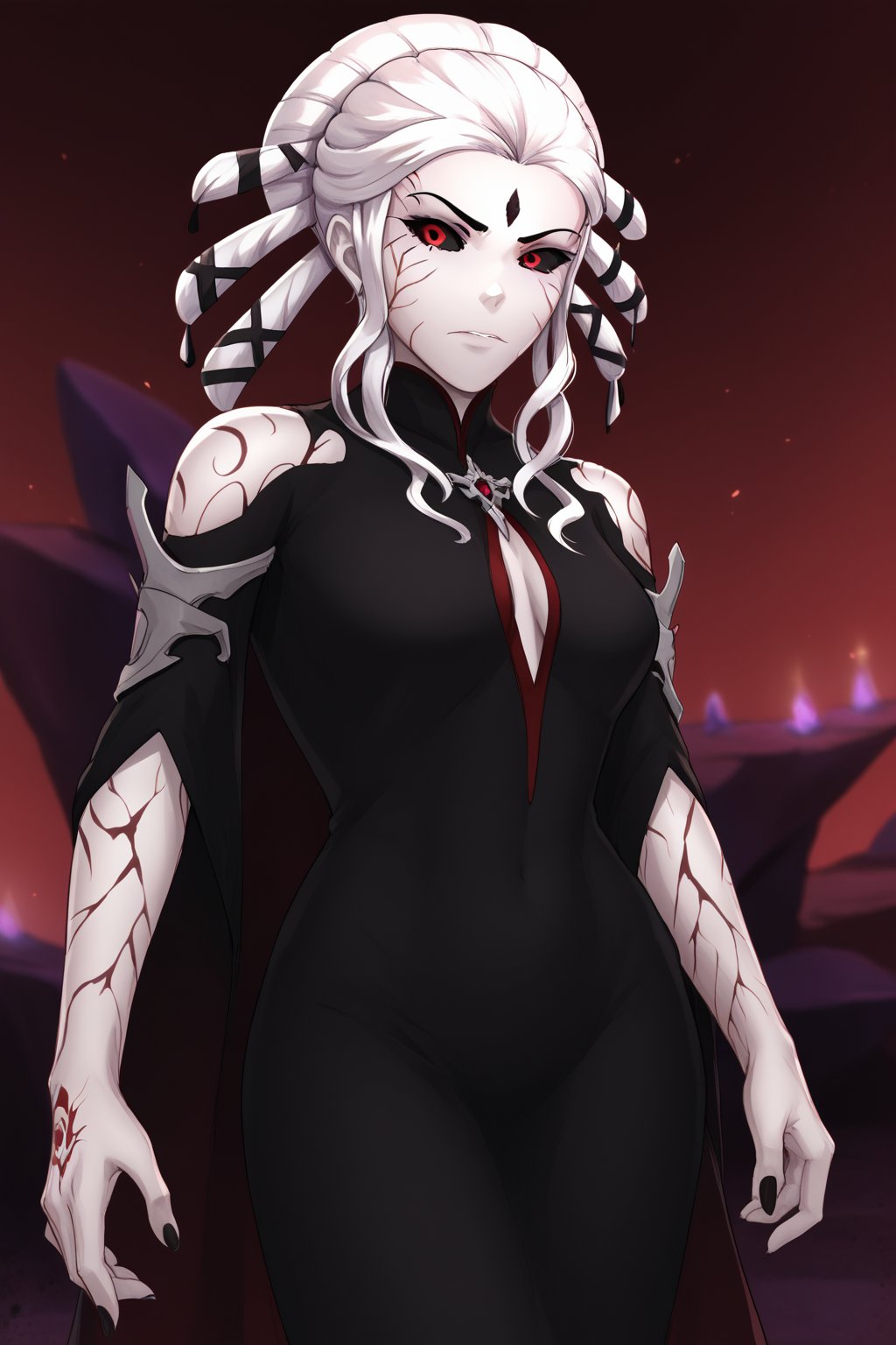 score_9, score_8_up, score_7_up,BREAK, 1girl, solo, Salem_RWBY, Red eyes, black sclera, facial mark, white hair, black dress