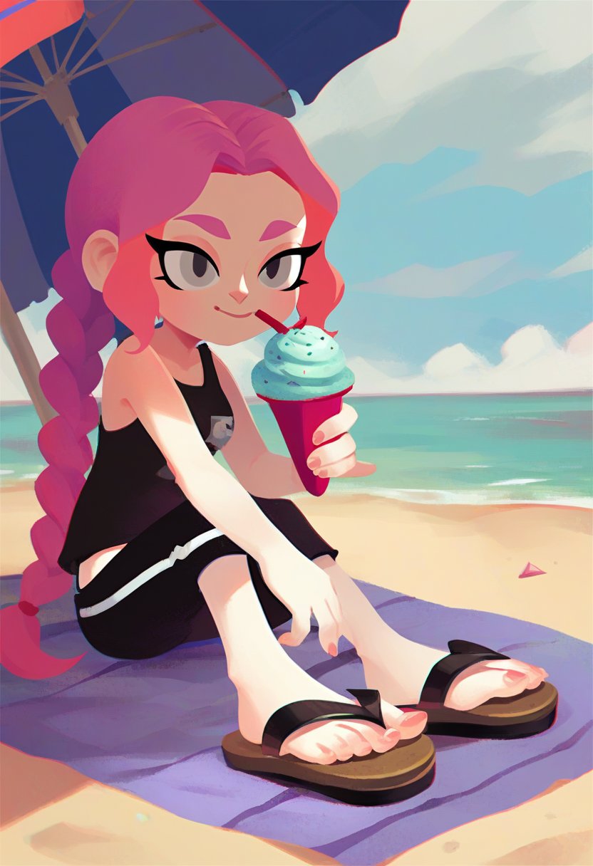 score_9, score_8_up, score_7_up, BREAK, 1girl, solo, pink hair, gray eyes, braided ponytail, black tank top, black pants, sandals, beach, purple towel, parasol, Icecream cone, sitting,  close up,