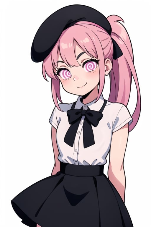 1girl, pink hair, pink eyes, ponytail, black beret, black and white striped shirt, white shirt, black skirt, looking at viewer, simple background, v arms, smile,SPIRALWASH EYES