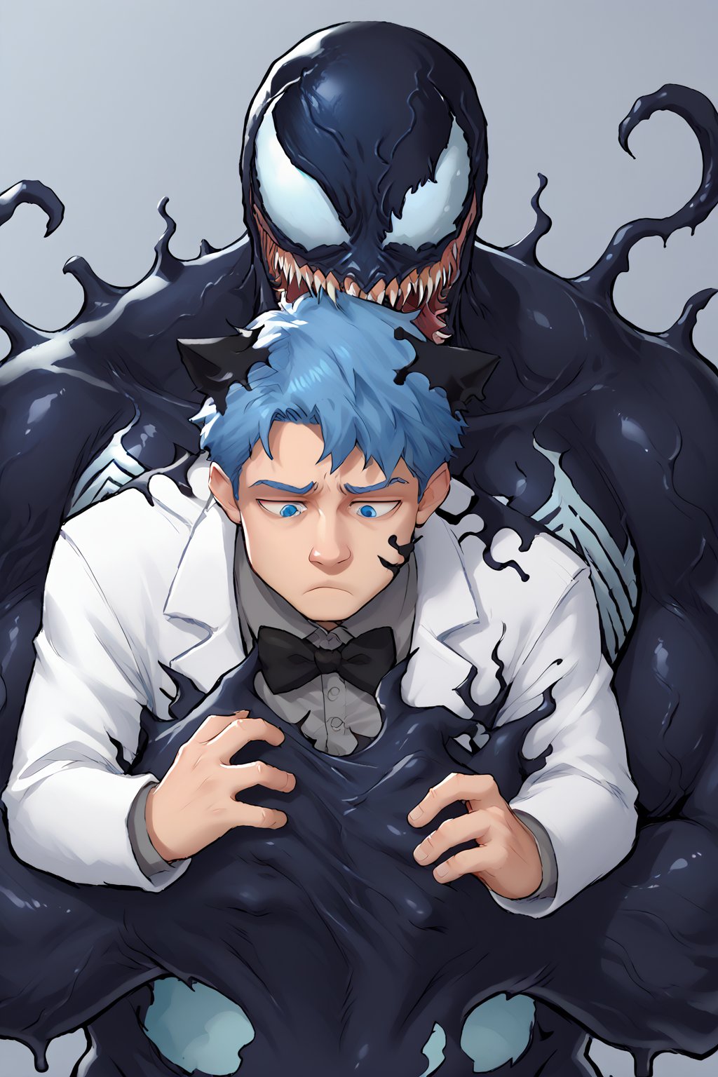 Chibfurri, score_9, score_8_up, score_7_up, BREAK, 1boy, blue hair, blue eyes, white cat ears, cat ears, white coat, grey shirt, black bow tie, venom_assimilation,  absorption, merging, corruption, bored,chibfurri, black slime (substance), venom,