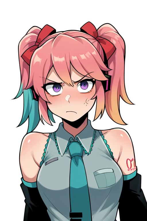 2D, score_9, score_8_up, score_7_up, BREAK, 1girl, Saiko Bichitaru, Pink Hair, Purple Eyes, pigtails, red ribbons, hatsune miku outfit, annoyed,