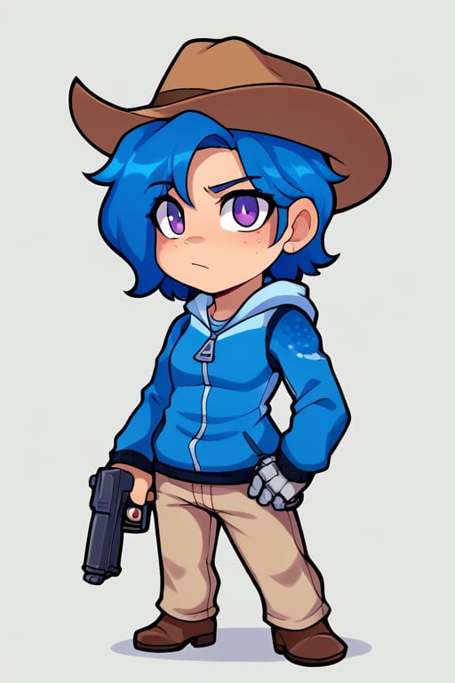 Chibi, score_9, score_8_up, score_7_up,BREAK, 1girl, Tari, Blue Hoodie, tan pants, Mechanical Arm, Blue Hair, Purple Eyes, cowboy hat, gun,